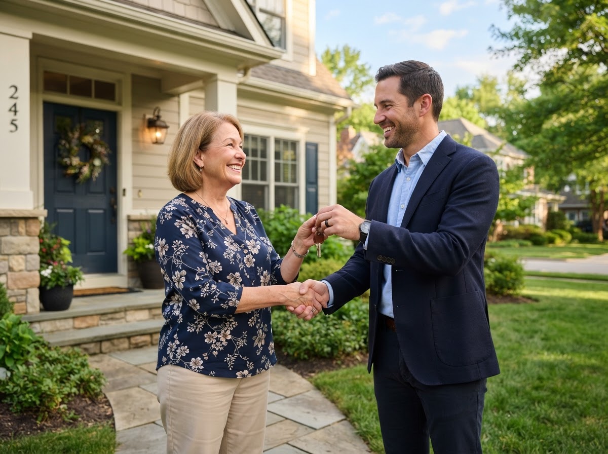 BUK PROPERTIES LLC D.B.A Buk Home Buyers wholesaler shaking hands with a happy homeowner in front of a suburban home