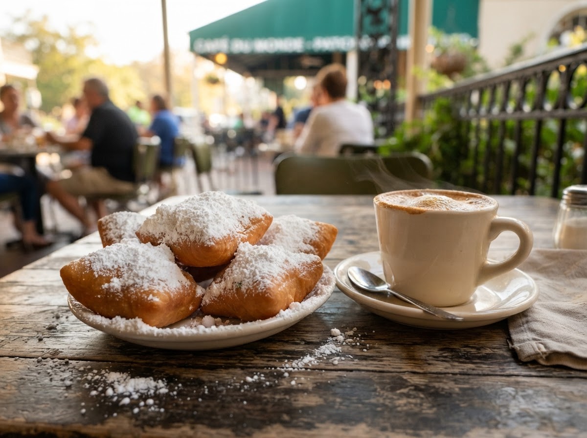 Fresh beignets and café au lait in New Orleans