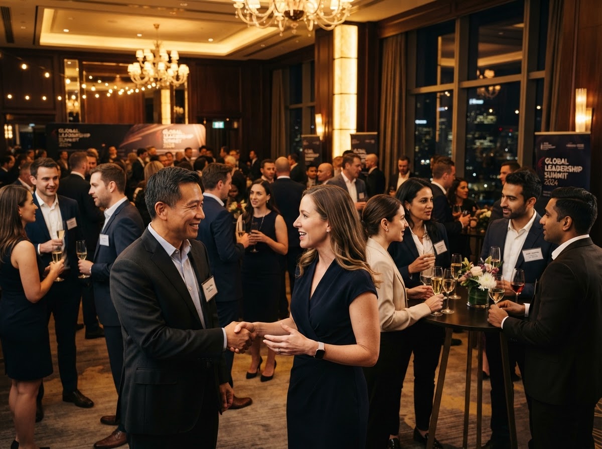 Advisors networking and collaborating at an evening reception