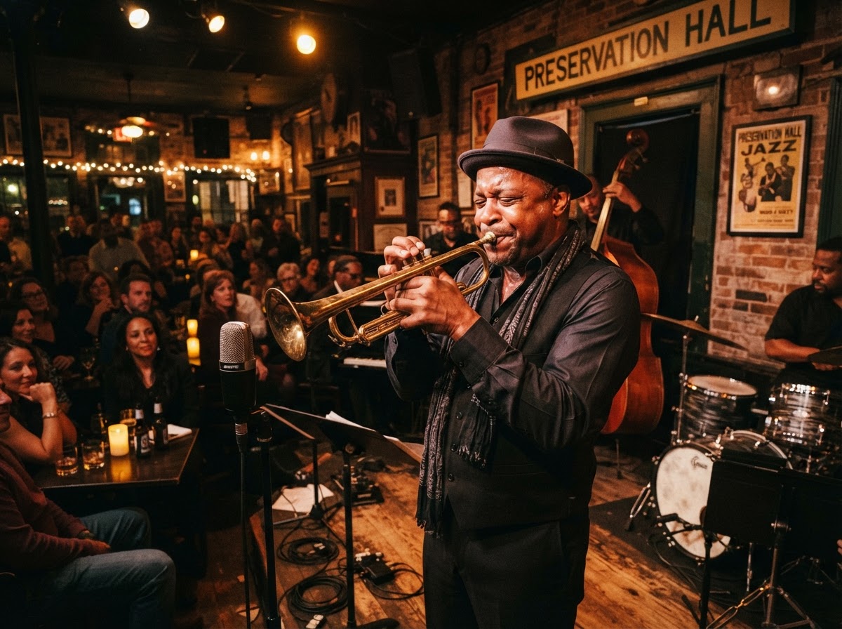 A jazz musician playing trumpet in New Orleans