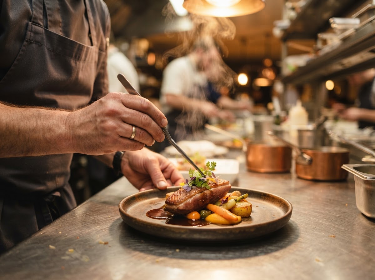 Manos de un chef emplatando un plato gourmet en cocina profesional