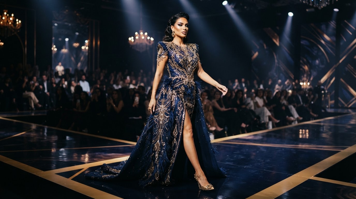 Model mid-stride under bright runway stage spotlights with dramatic glam