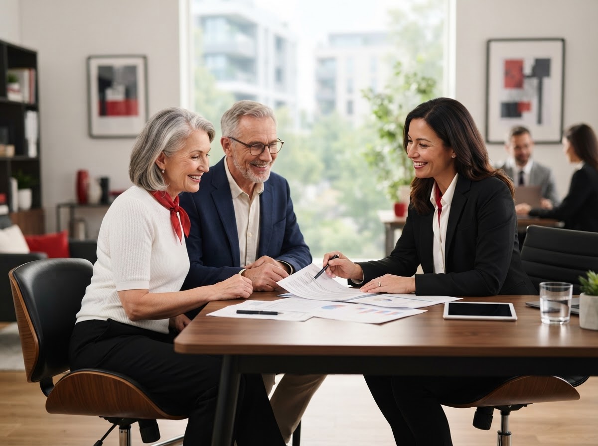 A couple meeting with an agent to plan Medicare enrollment before turning 65