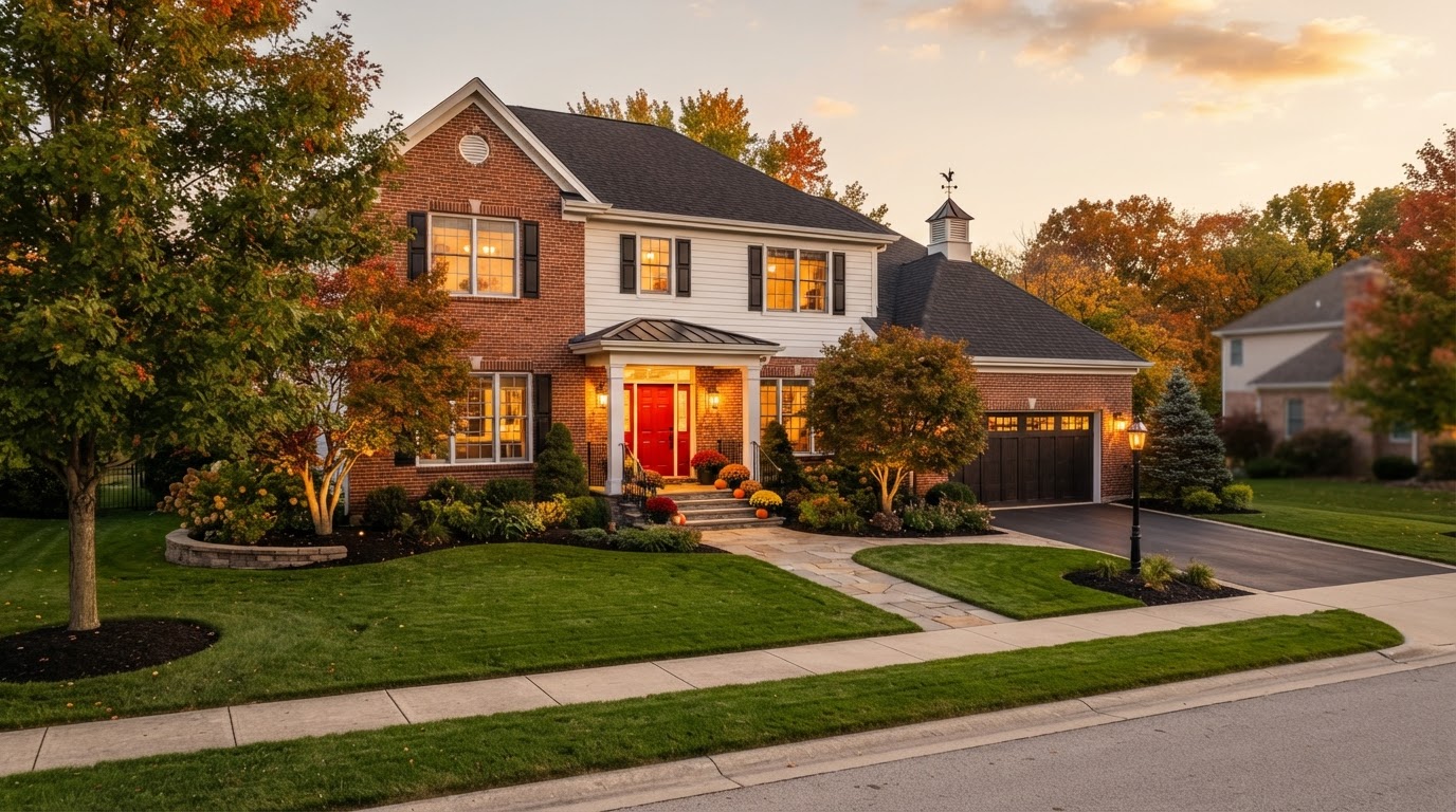 A welcoming family home in Crown Point, Indiana with a red front door at golden hour
