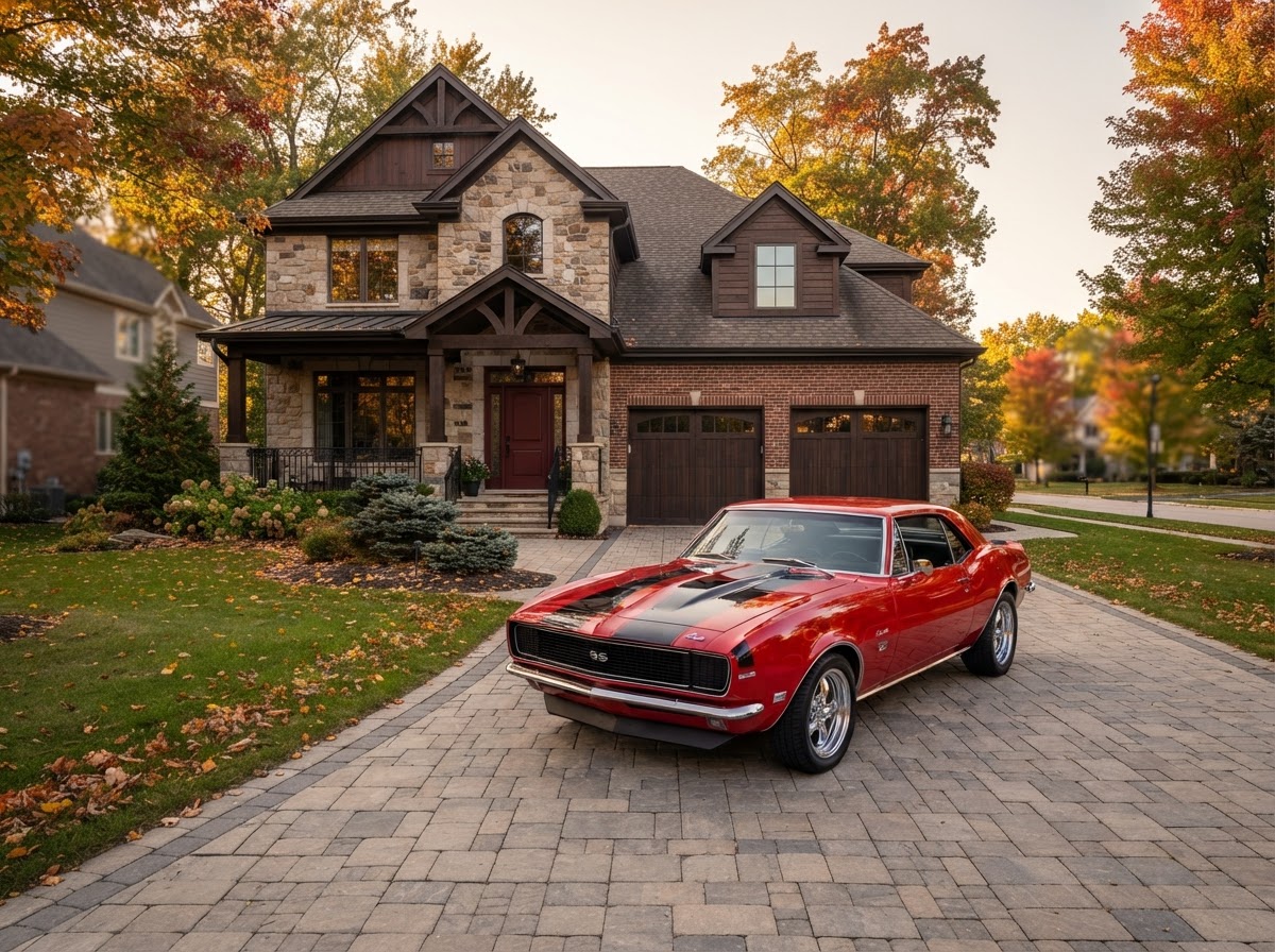 A car parked at a Northwest Indiana home, representing auto insurance coverage