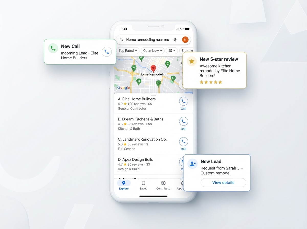 Phone mockup showing local search results with new call, review, and lead cards