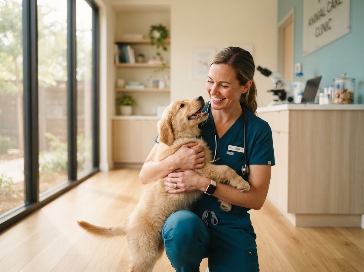 Veterinaria sosteniendo un cachorro feliz en la Clínica VetSalud