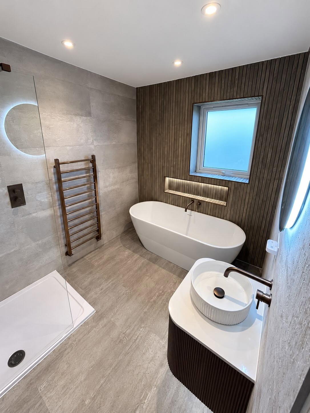Complete luxury master bathroom renovation in Johnstone with walk-in shower and freestanding tub