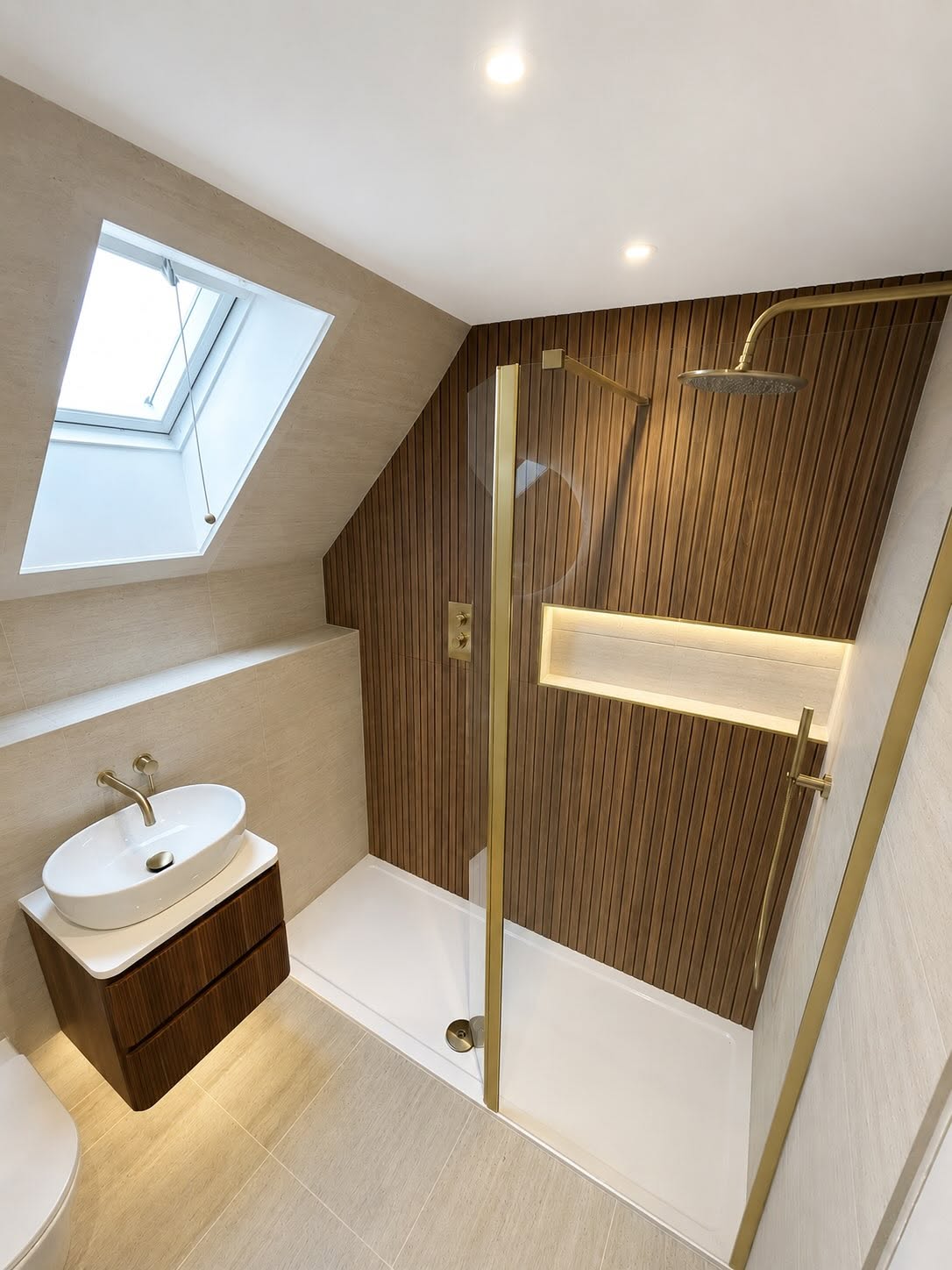 Vaulted loft ensuite with brushed gold shower and fluted wood wall in Bridge of Weir