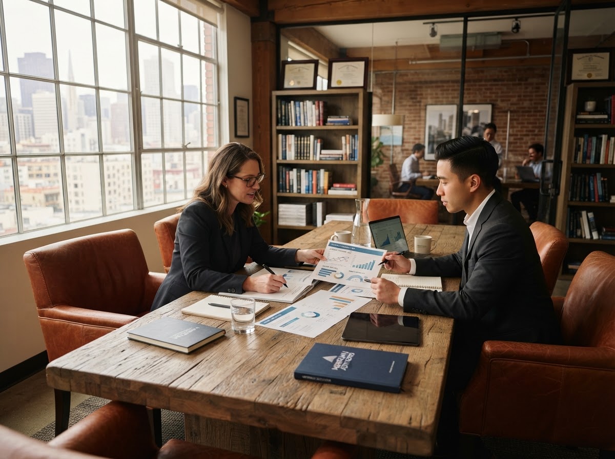 Consultants reviewing strategy around a rustic table