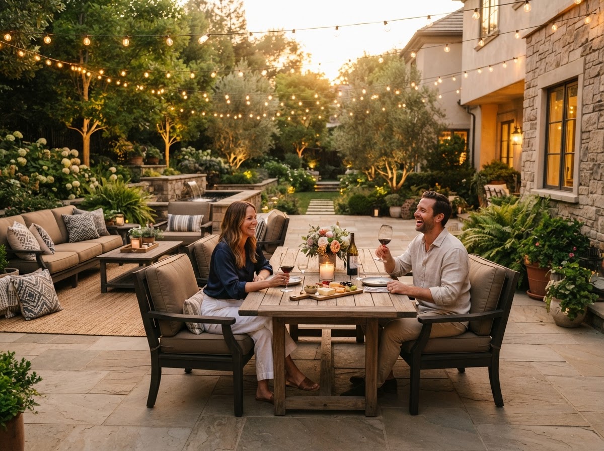 Comfortable outdoor entertaining area of an elegant home
