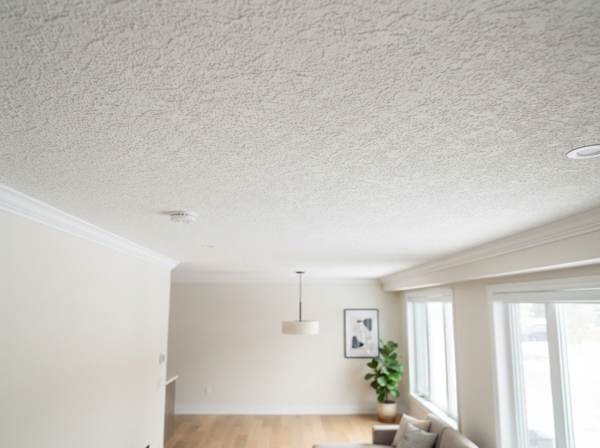 Modern knockdown ceiling texture freshly sprayed in a bright living room by Castro Remodeling & Painting LLC in Minneapolis MN