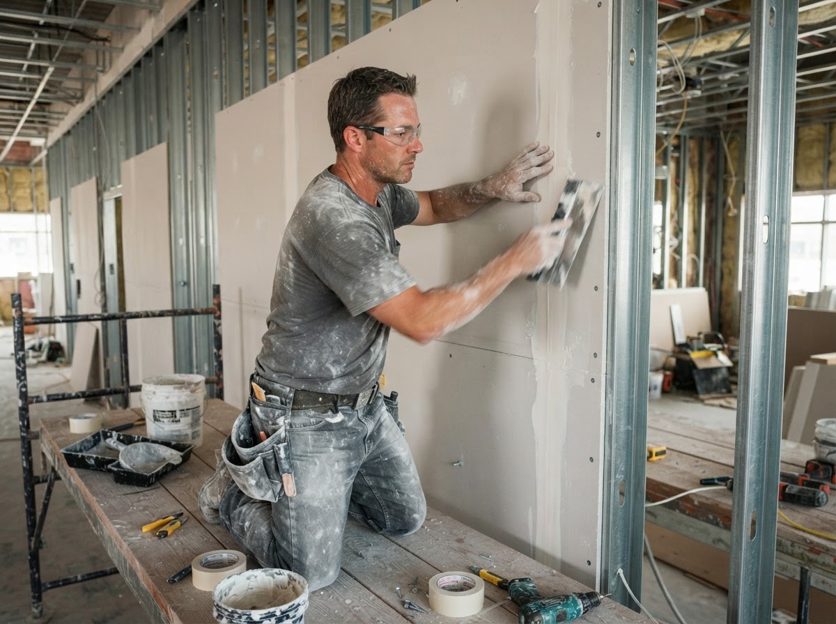 Worker installing drywall sheets on metal studs and taping seams by Castro Remodeling & Painting LLC in Minneapolis MN