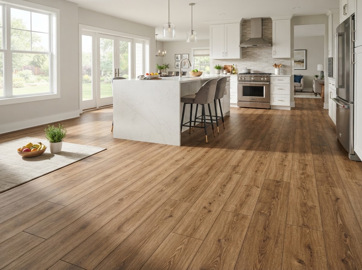 Luxury vinyl plank flooring installed in a modern kitchen with wood-look waterproof planks by Castro Remodeling & Painting LLC in Minneapolis MN