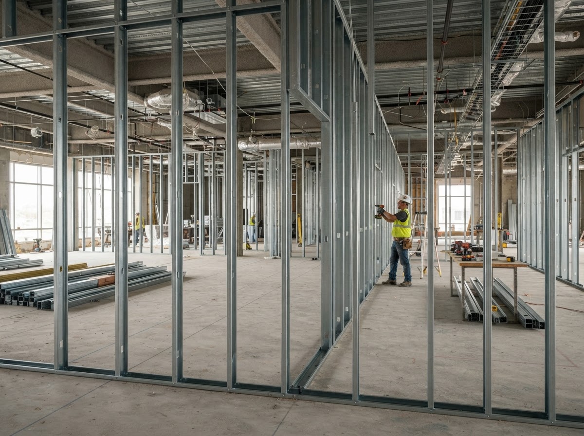 Metal stud framing with galvanized steel tracks and studs for a commercial buildout by Castro Remodeling & Painting LLC in Minneapolis MN