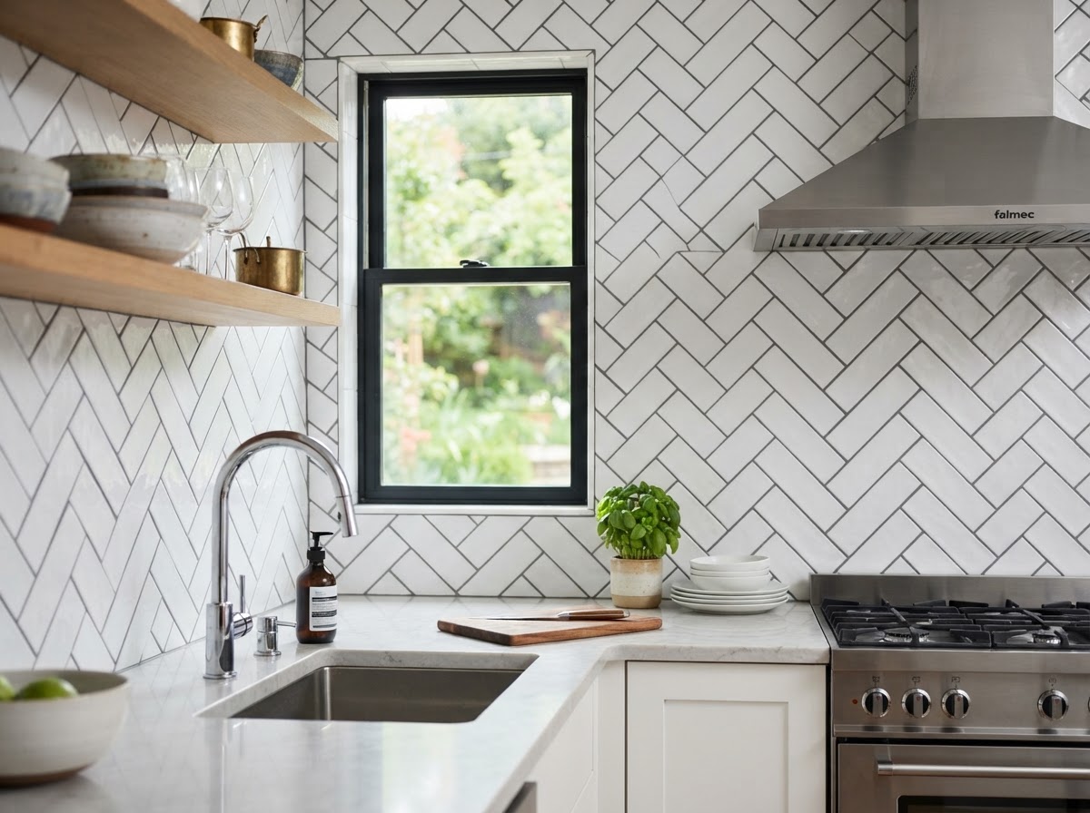 Herringbone ceramic tile kitchen backsplash with white subway tile and dark grout by Castro Remodeling & Painting LLC in Minneapolis MN