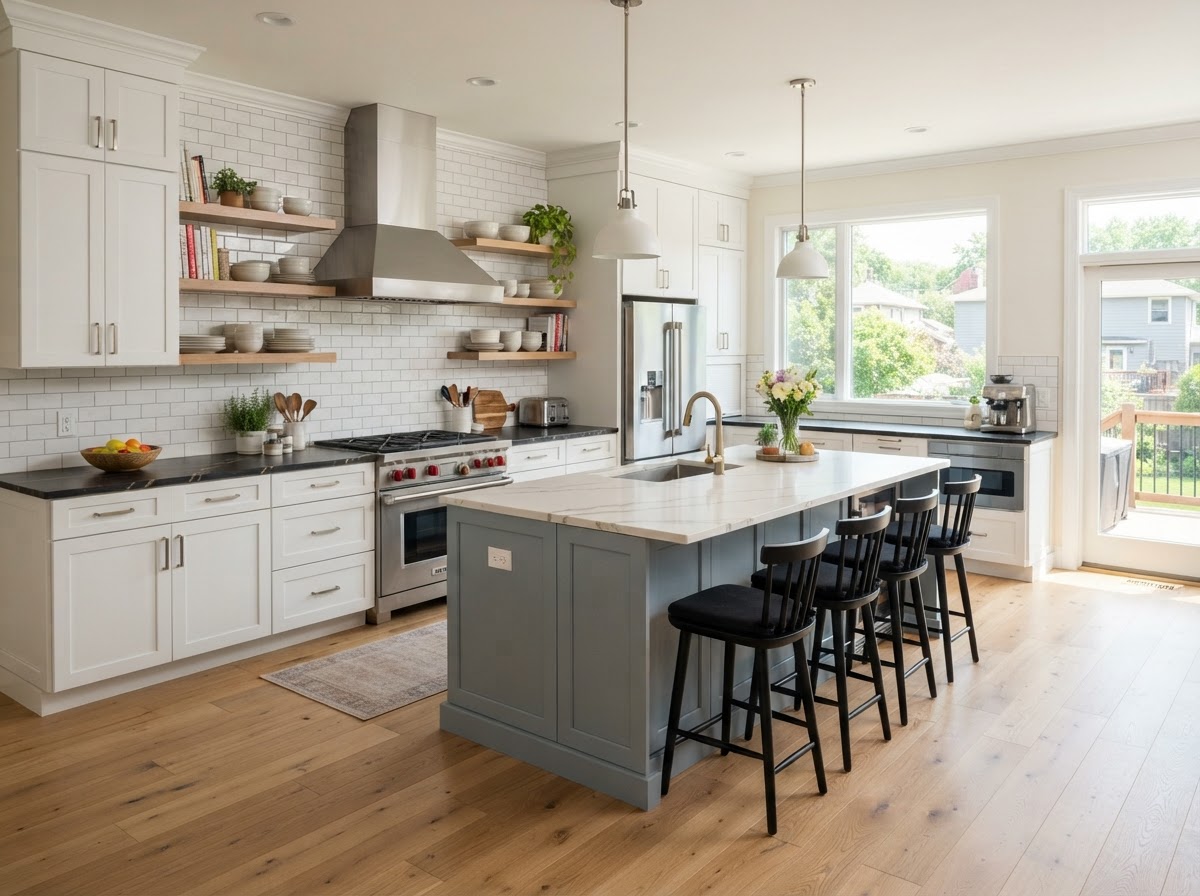 Modern kitchen remodel with white shaker cabinets and quartz countertops completed by Castro Remodeling & Painting LLC in Minneapolis MN