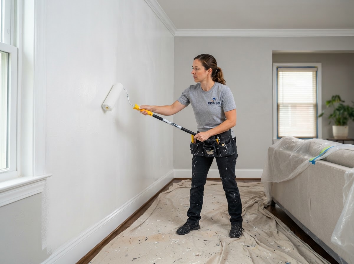 Interior painter rolling a fresh coat of white paint with crisp cut lines by Castro Remodeling & Painting LLC in Minneapolis MN