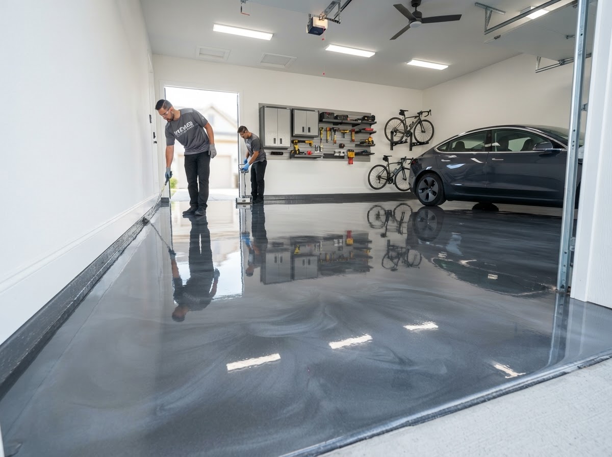 High-gloss epoxy garage floor coating installation in Minneapolis MN by Castro Remodeling & Painting LLC
