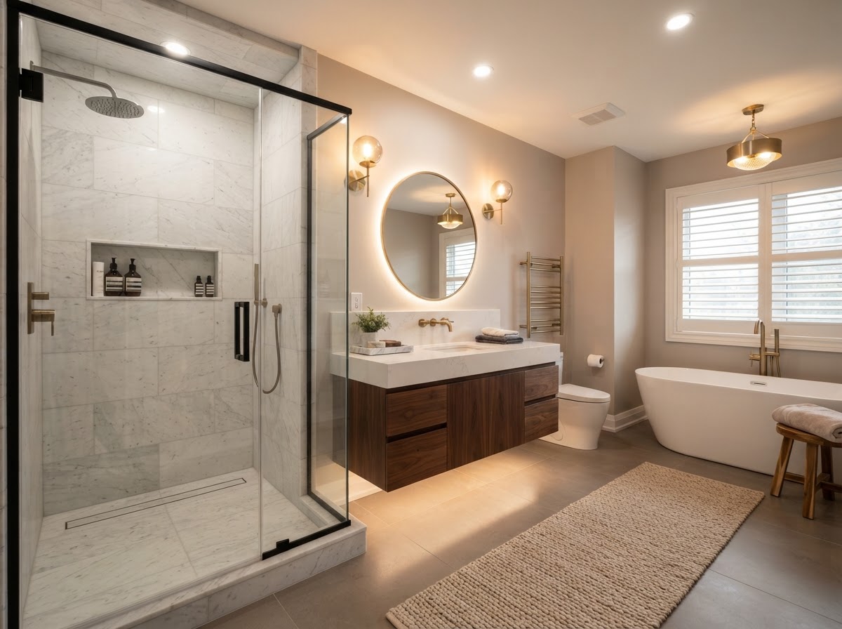 Remodeled bathroom with walk-in glass shower and modern vanity completed by Castro Remodeling & Painting LLC in Minneapolis MN