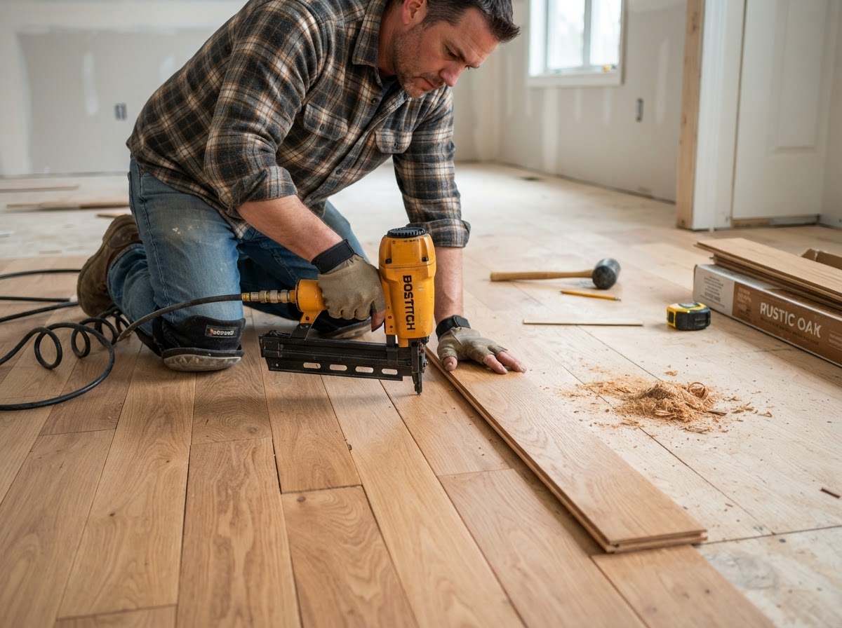 Hardwood floor installation with pneumatic nailing in a staggered plank pattern by Castro Remodeling & Painting LLC in Minneapolis MN