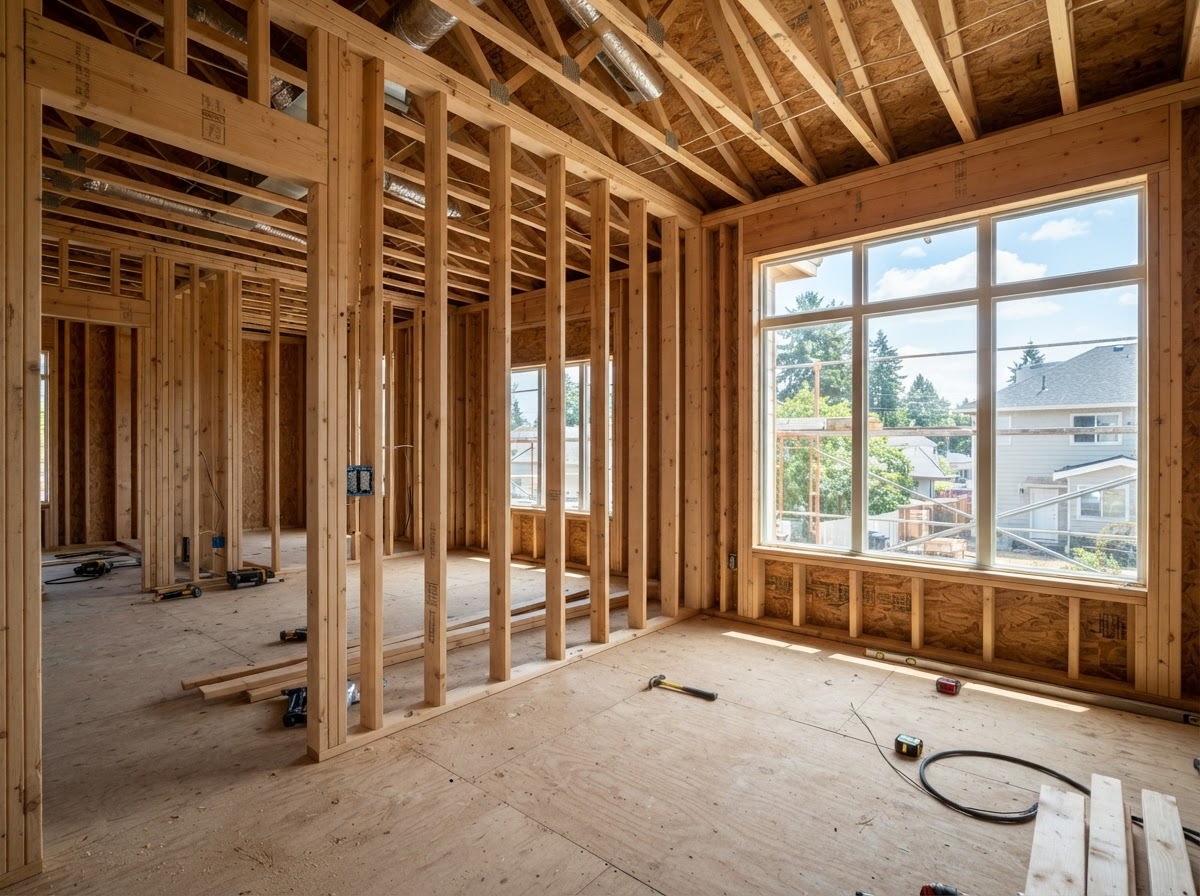 Interior wood stud framing with aligned 2x4 wall studs completed by Castro Remodeling & Painting LLC in Minneapolis MN