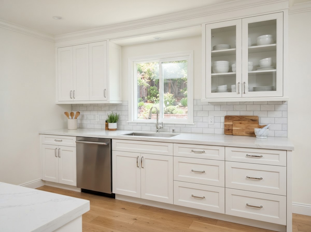 Newly installed white kitchen cabinets with crown molding and soft-close drawers by Castro Remodeling & Painting LLC in Minneapolis MN