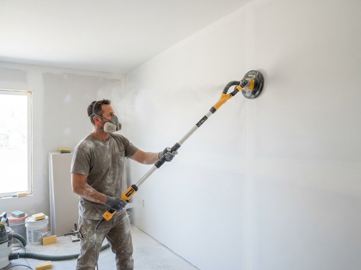 Smooth finished drywall being sanded to a seamless flat surface by Castro Remodeling & Painting LLC in Minneapolis MN