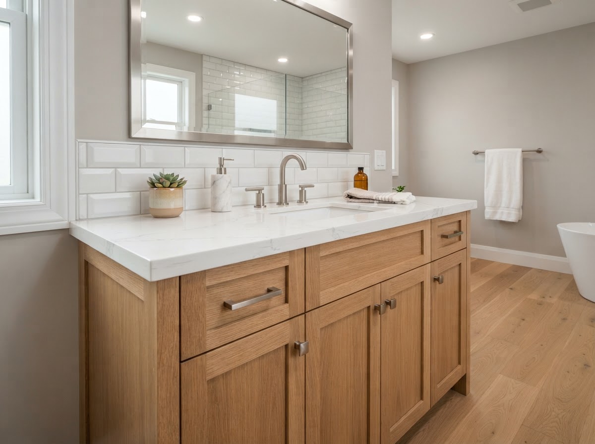 Bathroom vanity cabinet installation with quartz countertop and modern hardware by Castro Remodeling & Painting LLC in Minneapolis MN