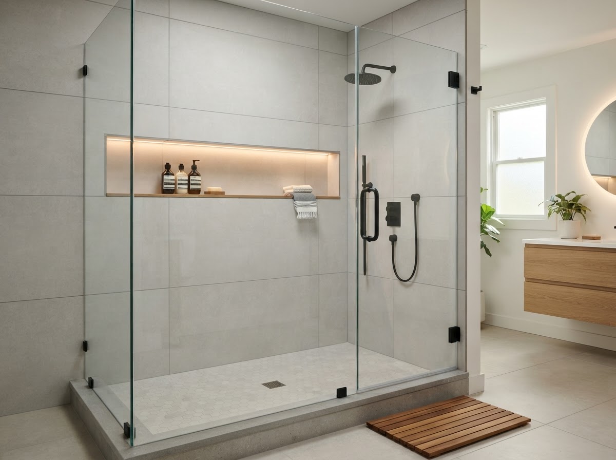 Custom ceramic tile walk-in shower with built-in niche and glass door by Castro Remodeling & Painting LLC in Minneapolis MN