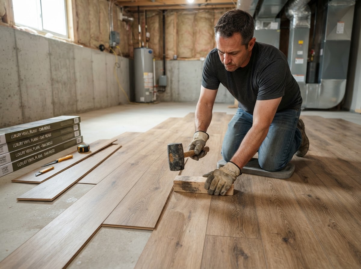 LVP flooring installation in a basement with staggered click-lock planks by Castro Remodeling & Painting LLC in Minneapolis MN