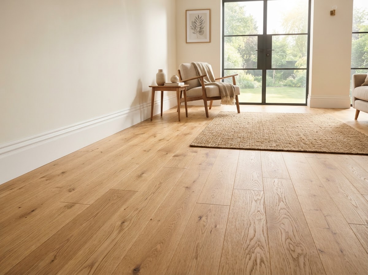 Newly installed oak hardwood floor in a sunlit living room by Castro Remodeling & Painting LLC in Minneapolis MN