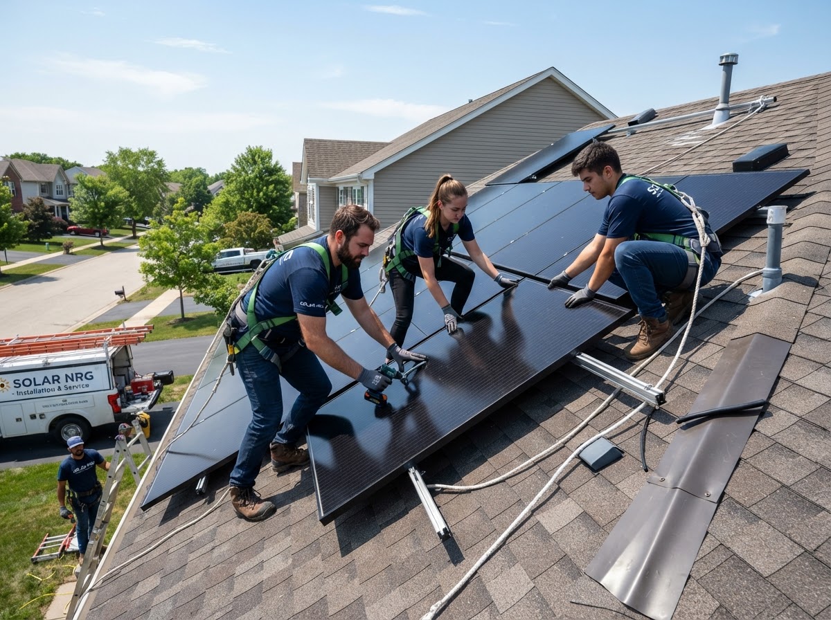 Solar installation crew installing sleek all-black panels on a sunny home