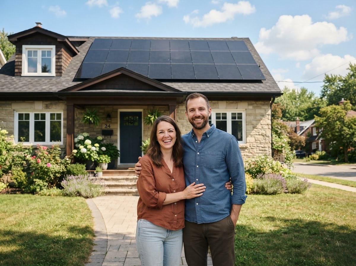 Happy homeowners in front of their home with all-black solar panels