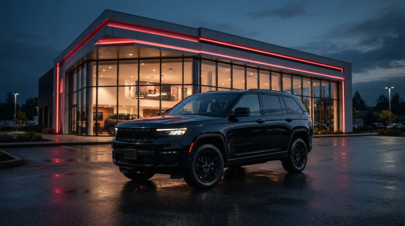 A glossy black Jeep Grand Cherokee parked outside a modern dealership showroom at dusk