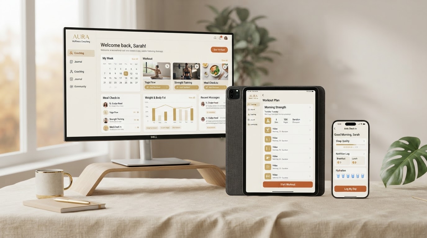 Your branded coaching app shown on a desktop, tablet, and phone