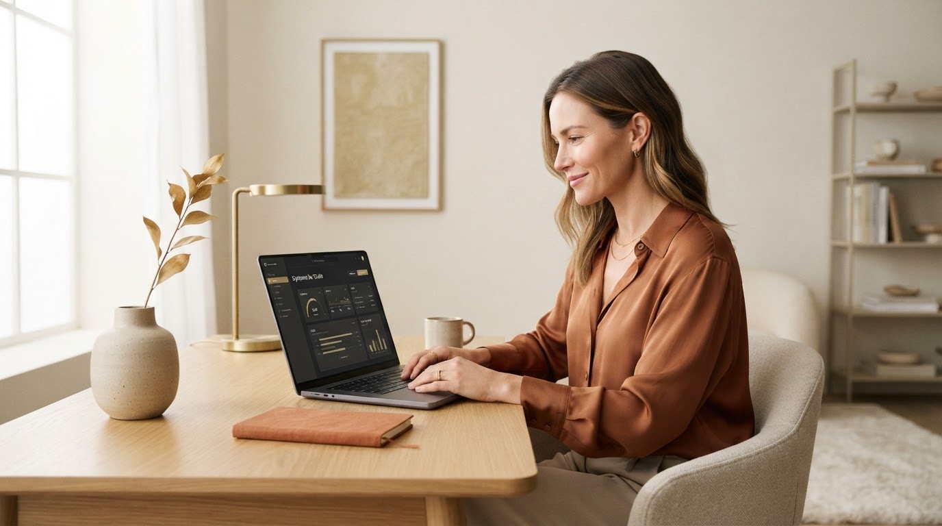 Premium female coach in a serene, organized studio