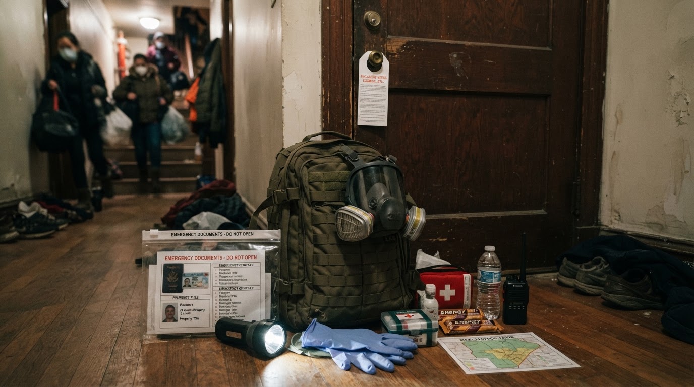 A go-bag ready for evacuation from a hazmat zone