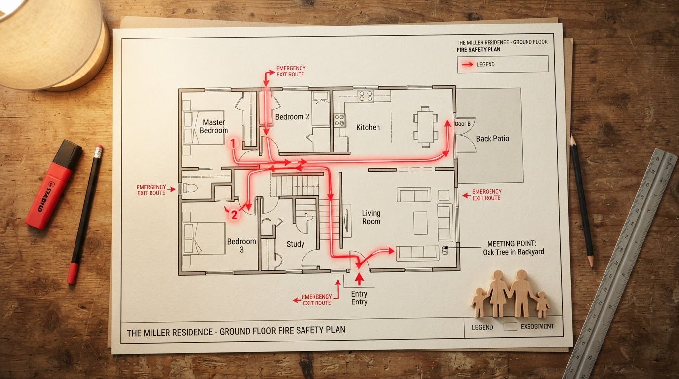 A family planning two escape routes from each room