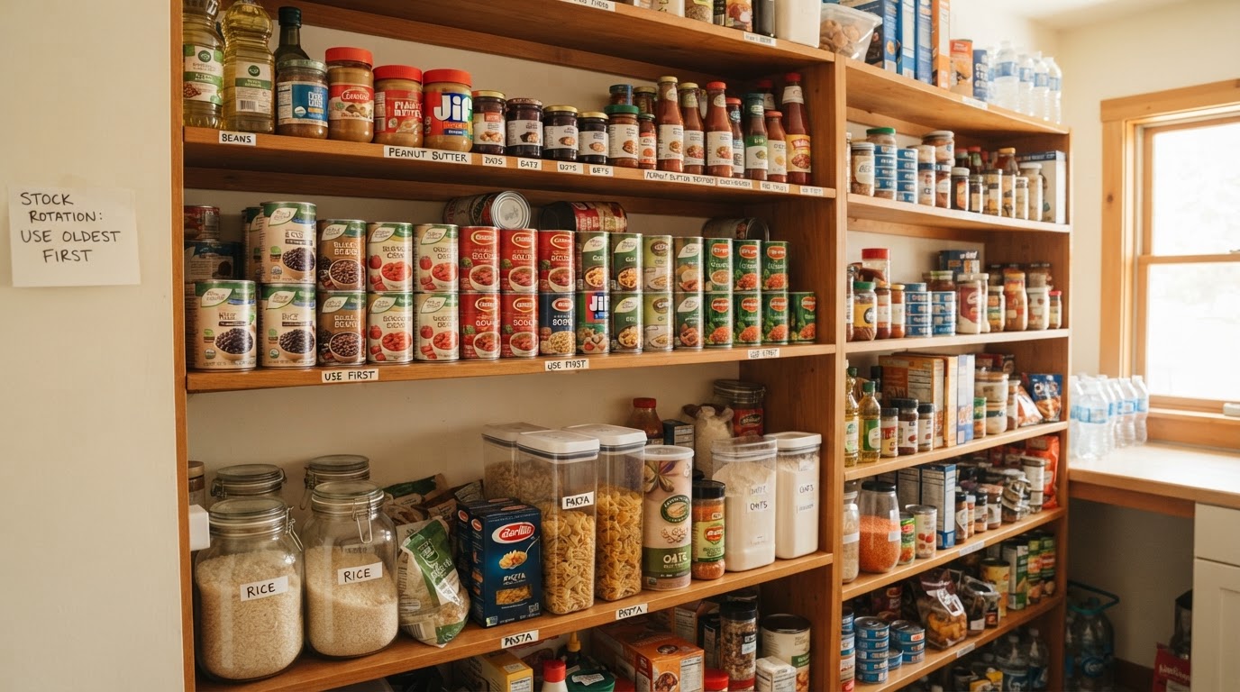 A well-organized pantry with canned goods and dry staples