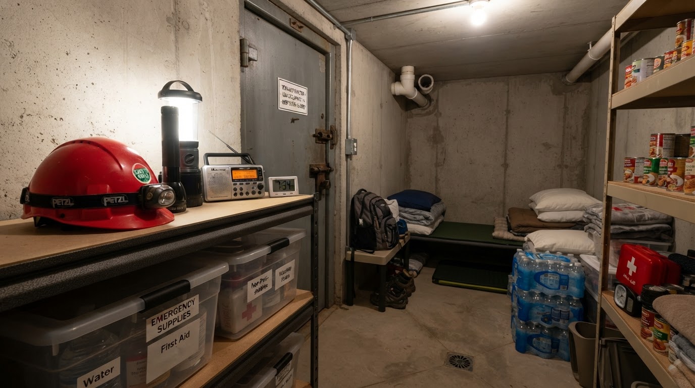 A basement storm shelter door in the foreground