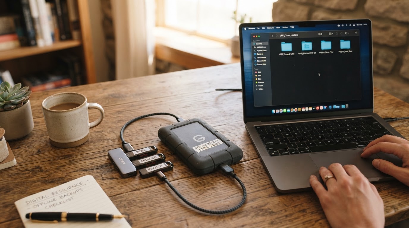 A laptop with a security alert and offline backup drives