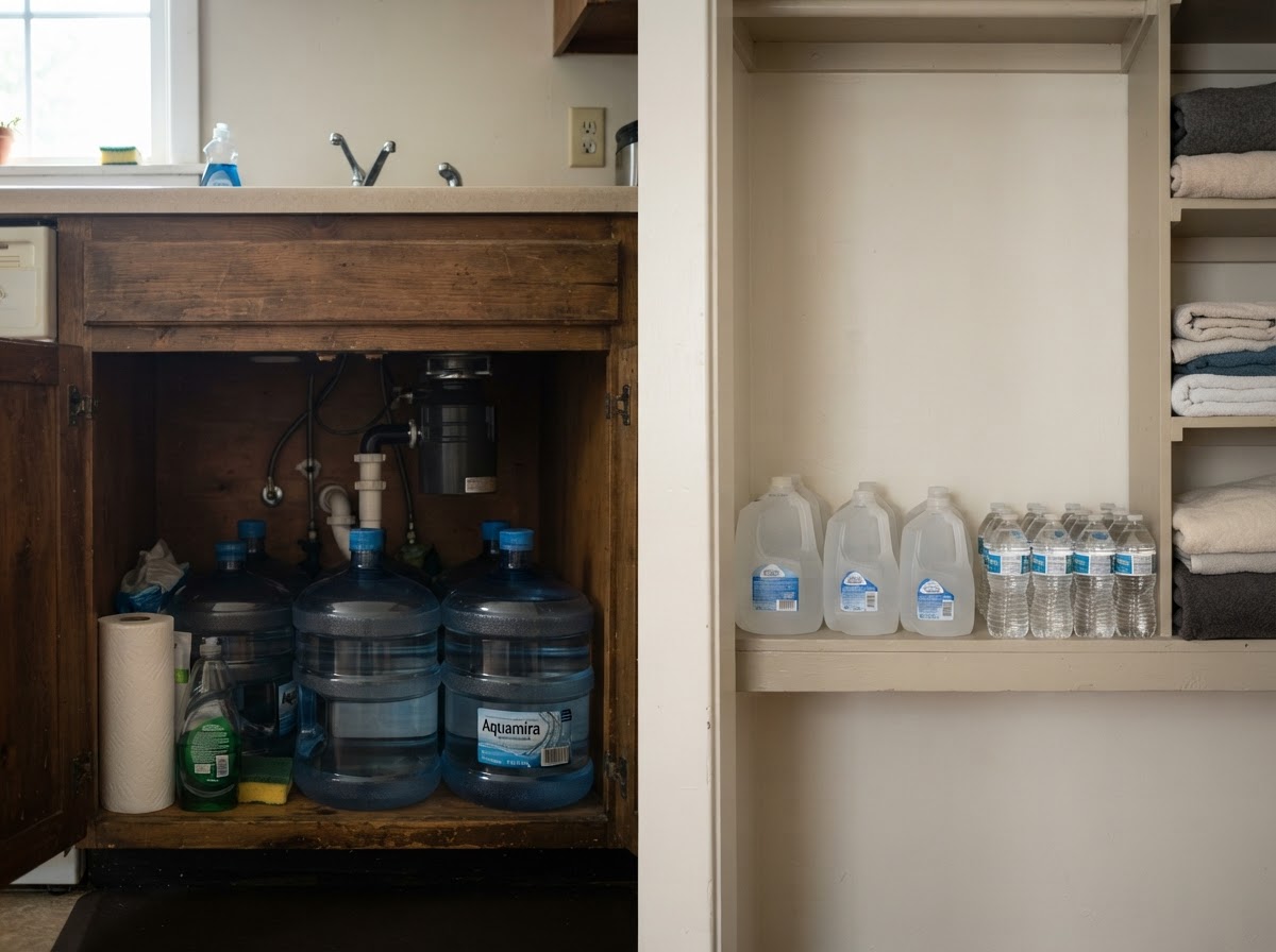 Compact water containers stored safely under a sink and on a closet shelf.