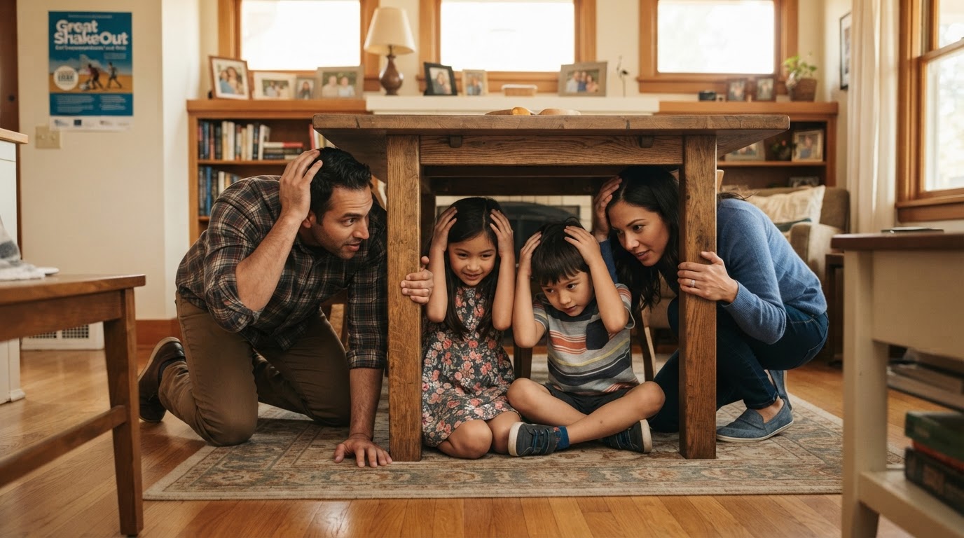 A family practicing drop, cover, and hold on under a table