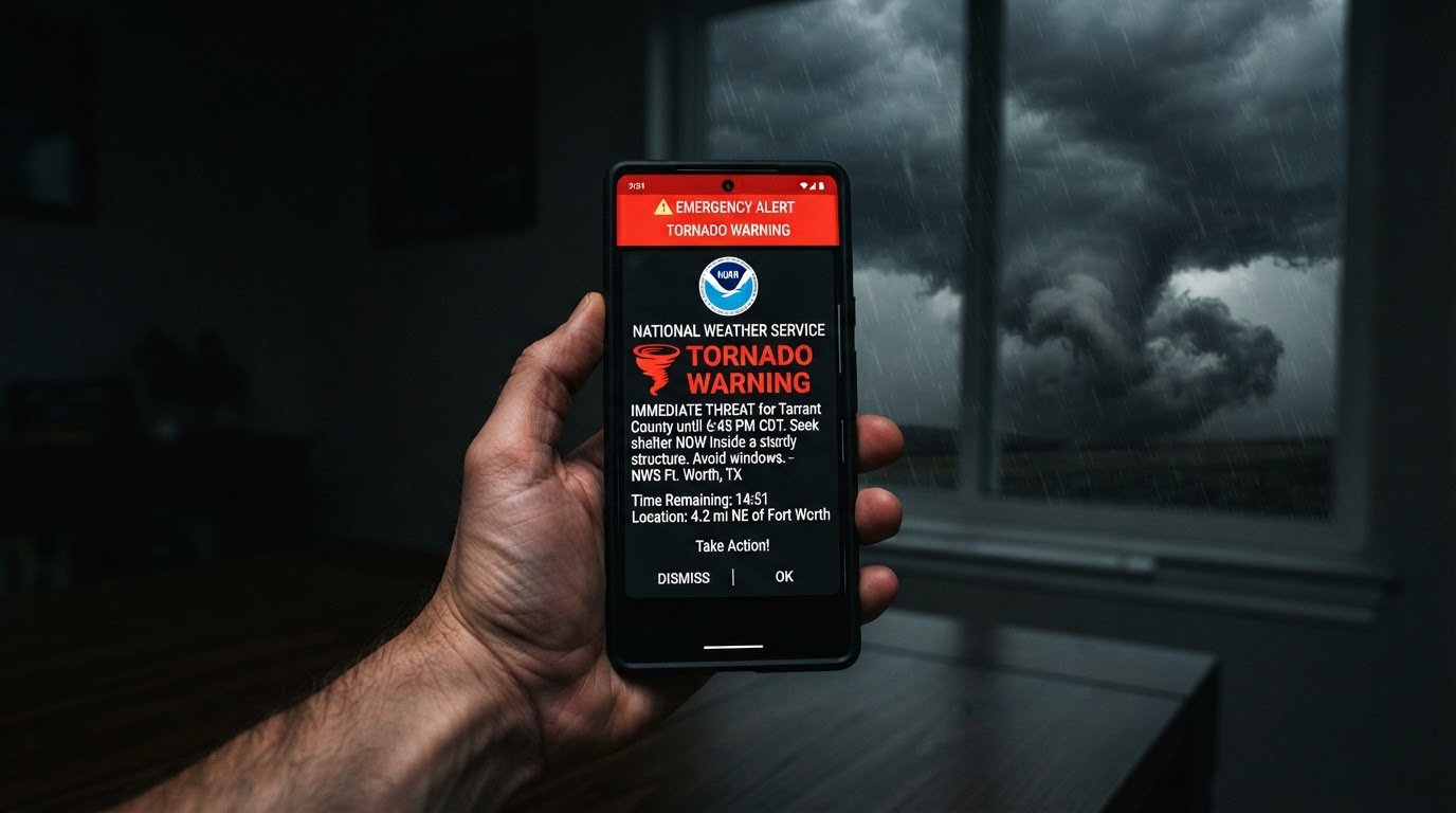 A weather radio receiving a tornado warning
