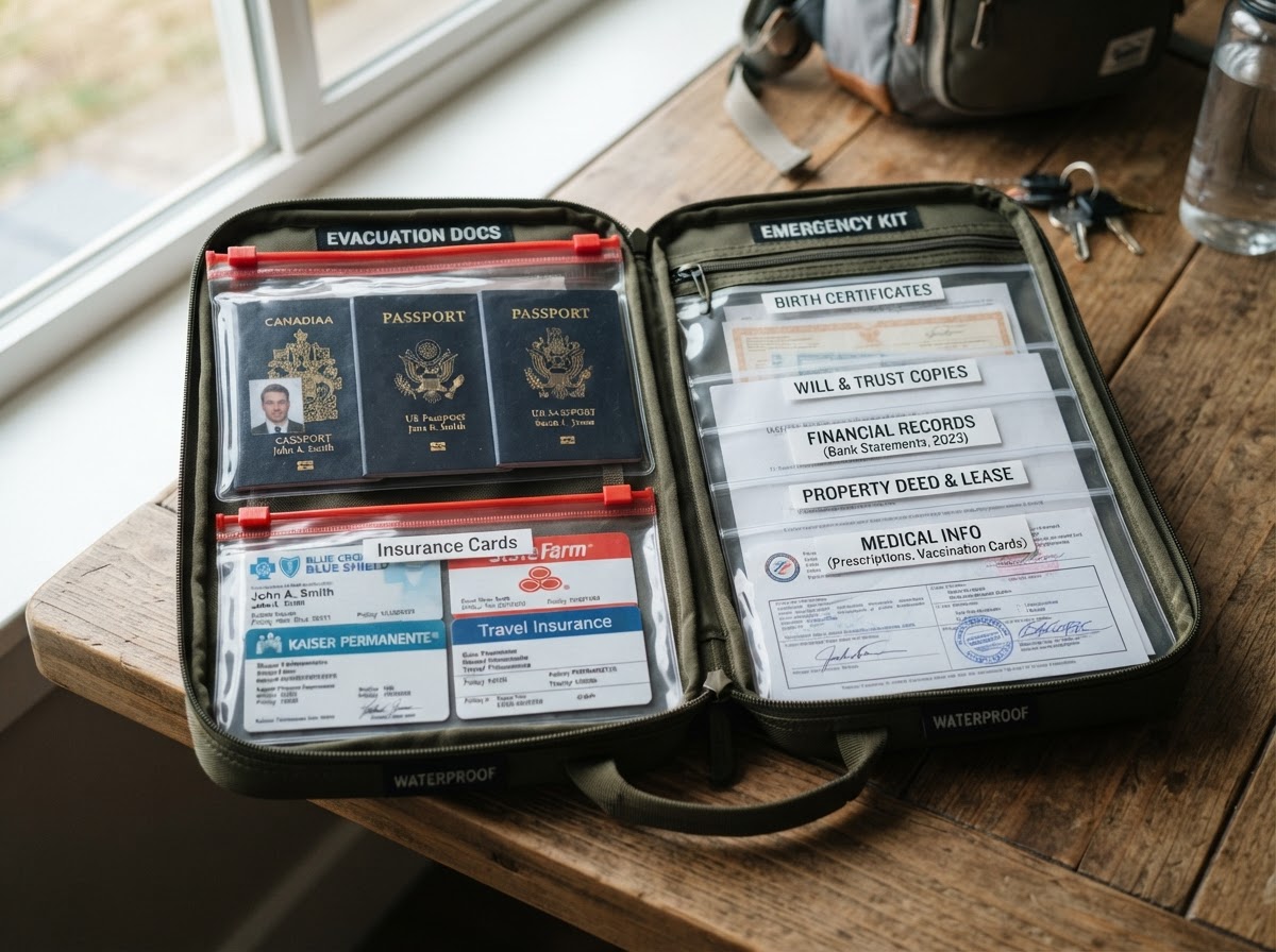 An organized document pouch with waterproof bags holding copies of important papers.