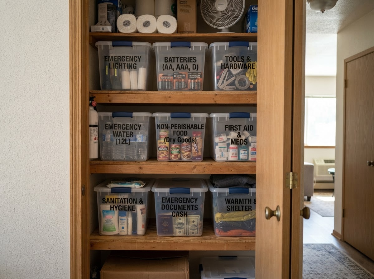 Labeled bins in a small closet, each marked with its contents.