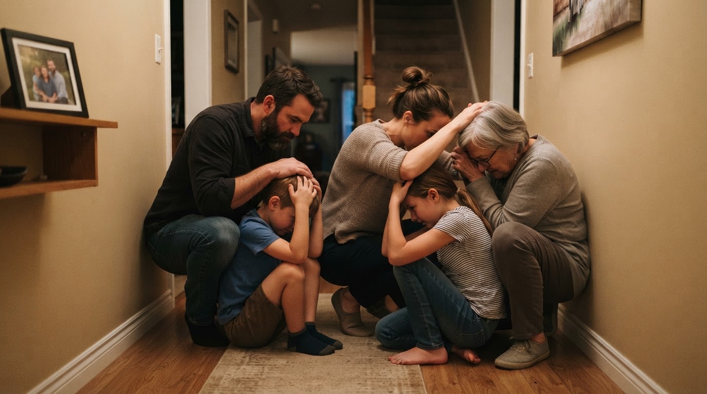 A family practicing a tornado drill