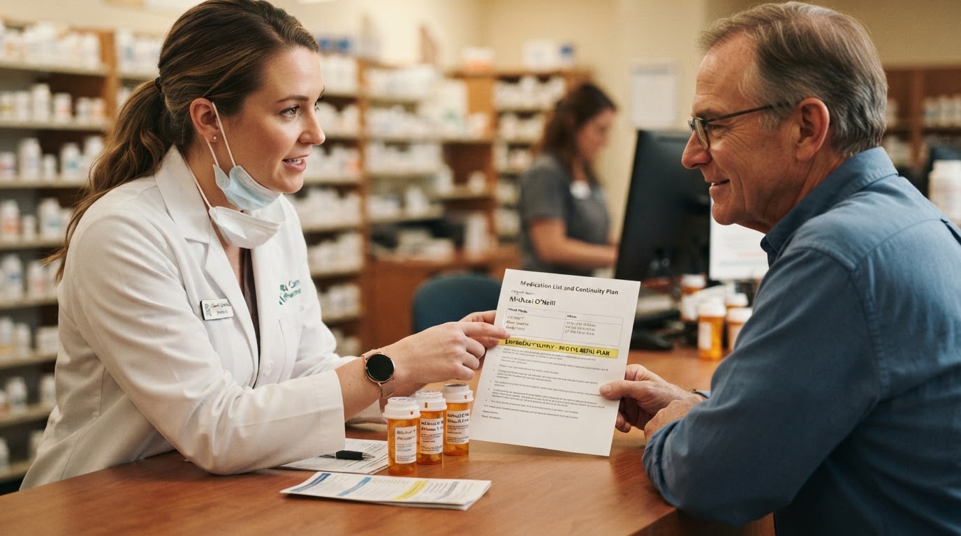 A written medication list and a stocked medicine cabinet