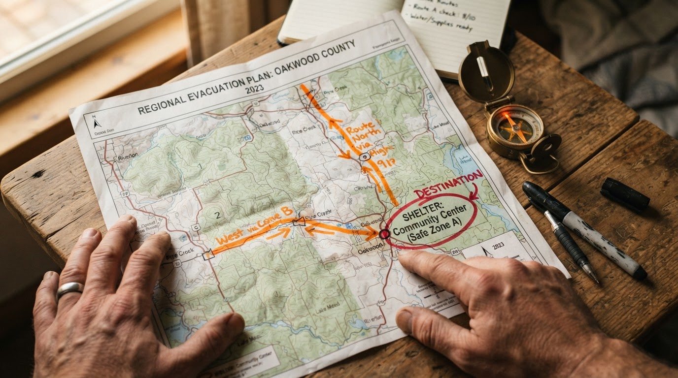 A map with two evacuation routes highlighted